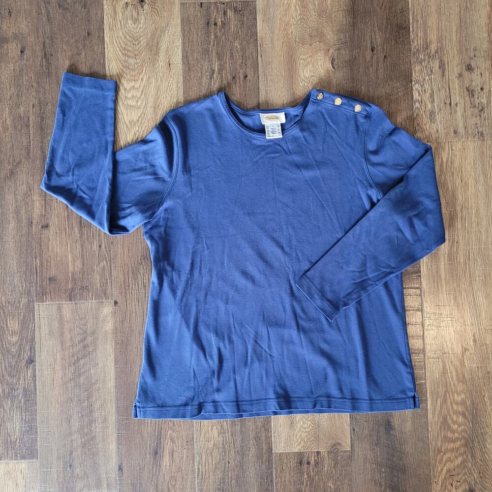 Talbots Women's Large Blue Long Sleeved Shirt Gold Button Accents Top Spring
